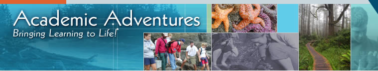 Students tide pooling in the San Juan Islands. Seastars:  Pisaster Ocracheus, the Purple Seastar. 2 Students:  Students collaborating at the tide pools . Forest Path:  Old Growth Forest. Boy with Seastar:  Student holding a Seastar. Rosario Beach